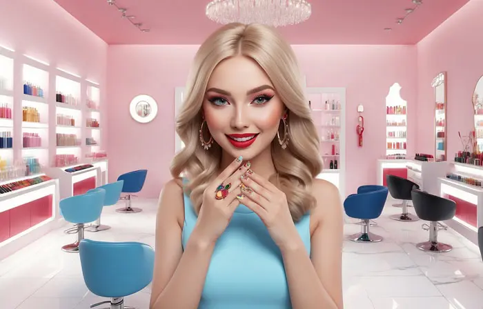 Beautiful Girl in Cosmetic Shop Modern 3D Illustration
